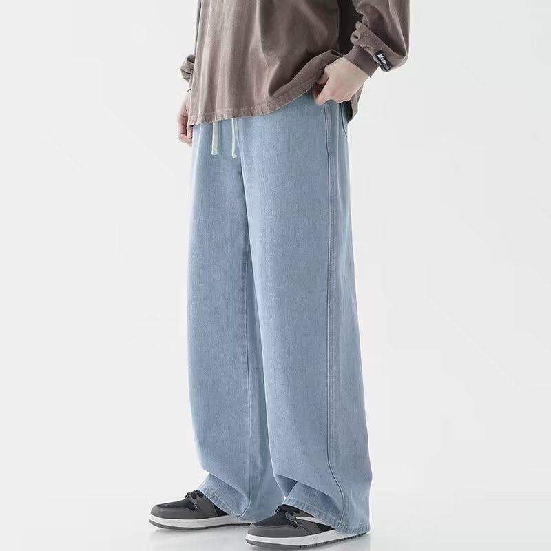 Blugi bărbătești cu cordon, de culoare deschisă, cu talie elastică, lejeri, drepți, până la podea, pantaloni largi, casual, lungi_voghion.com