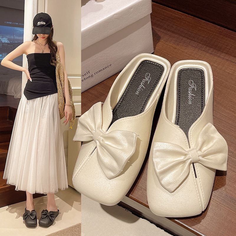 Sandales à nœud papillon Wo, vêtements d'extérieur, nouvelle mode été 2025, pantoufles plates à bout carré de style coréen polyvalentes pour_voghion.com