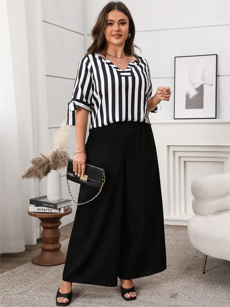 2025 neue Damenmode Plus Größe Lose Casual Gestreiften Top Breite Bein Hosen Set_voghion.com