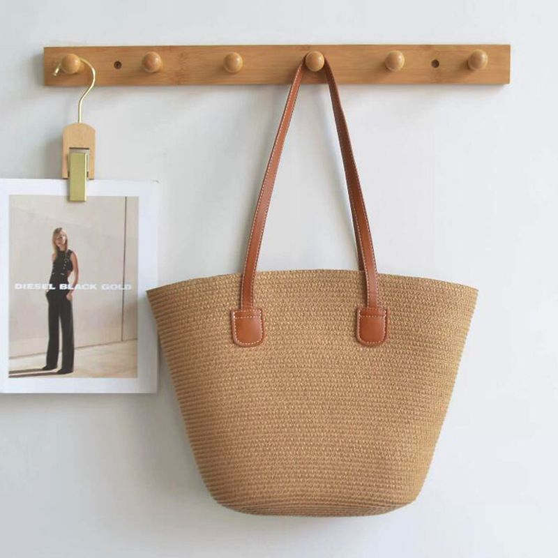 Borsa da spiaggia in rattan intrecciato, nuova, versatile, casual, da donna, a tracolla singola, a righe, in paglia, estiva, grande capacità_voghion.com