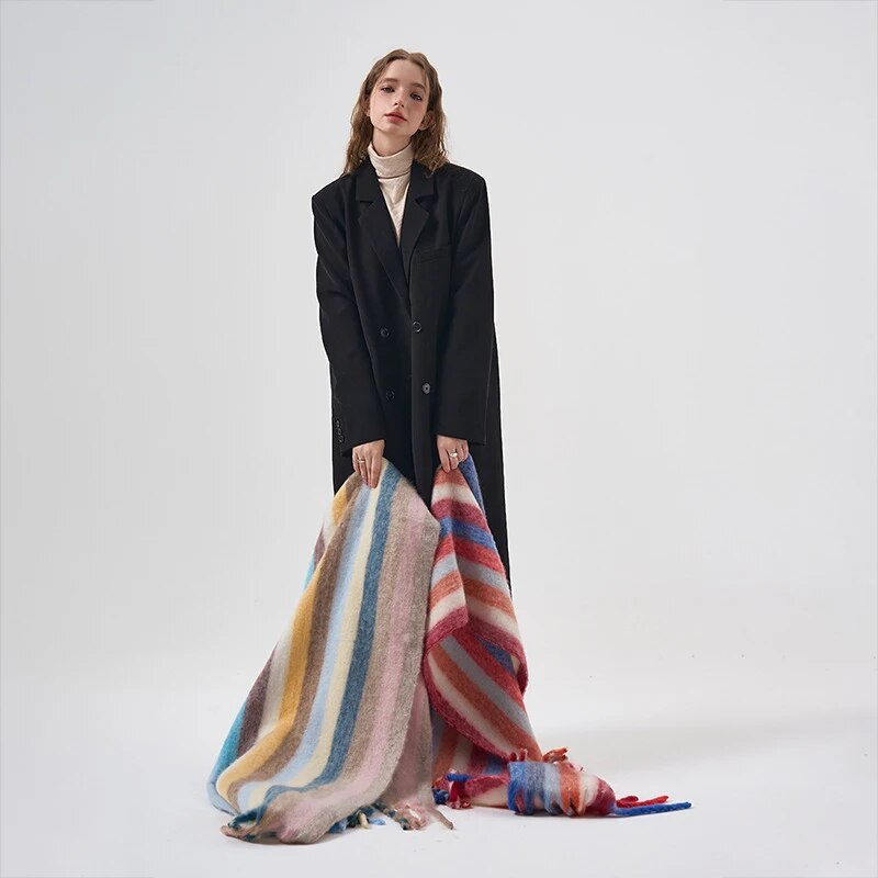 Coreano quente impressão cachecol feminino inverno outono engrossar grande arco-íris vertical listrado xale macio cashmere cobertor cachecóis_voghion.com