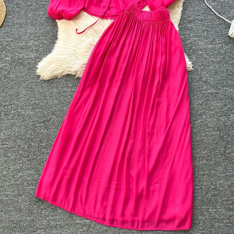 Abbigliamento da donna, abito da temperamento tinta unita, camicia con maniche a sbuffo primaverile da donna + gonna lunga sottile con elastico in vita_voghion.com