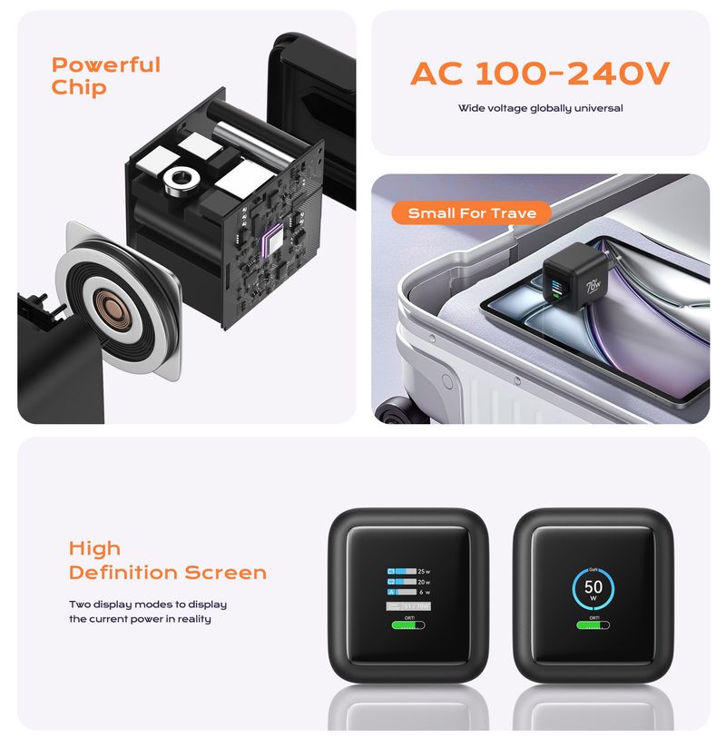 70W GAN Charger With Type-C Retractable Cable 3 IN 1 PD3.0 Q4.0 PPS Fast Charging For IPhone 16 15 14 Xiaomi Tablet_voghion.com
