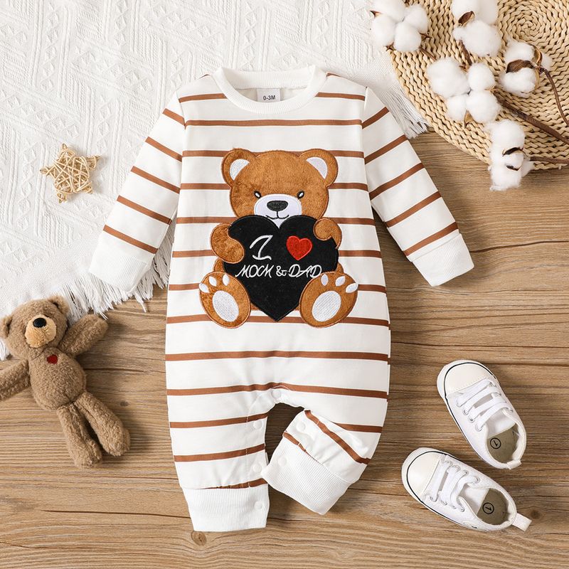 Mother & Kids INS newborn baby boy spring and autumn style cute bear striped long-sleeved open crotch jumpsuit_voghion.com