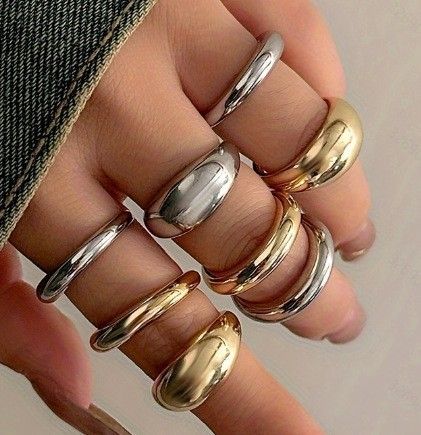 Unique Metal Texture Glossy Ring Set Exaggerated Geometric High-end Rings_voghion.com