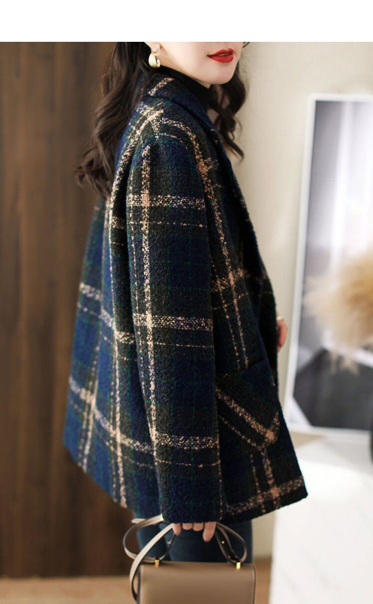 Abrigo de lana de tallas grandes para mujer, estilo coreano, corte ajustado, estilo retro, con estampado de cuadros._voghion.com