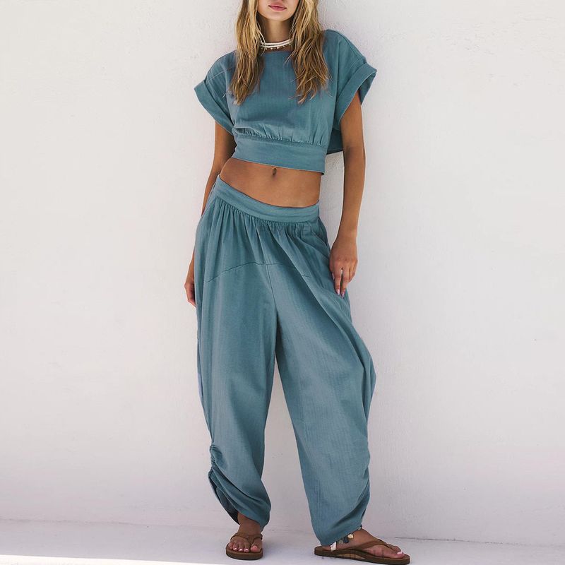 Set di due pezzi per camicetta sexy alla moda da donna a vita alta con cintura larga e gamba larga_voghion.com