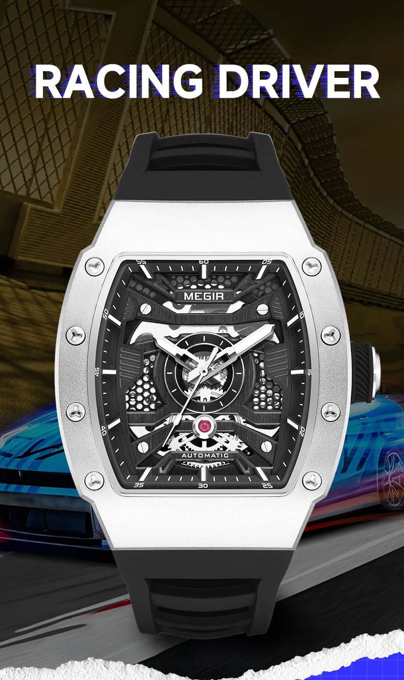 MEGIR Automatic Mechanical Watch For Men Fashion Sport Wristwatch With Stainless Steel Case Silicone Strap Luminous Hands_voghion.com