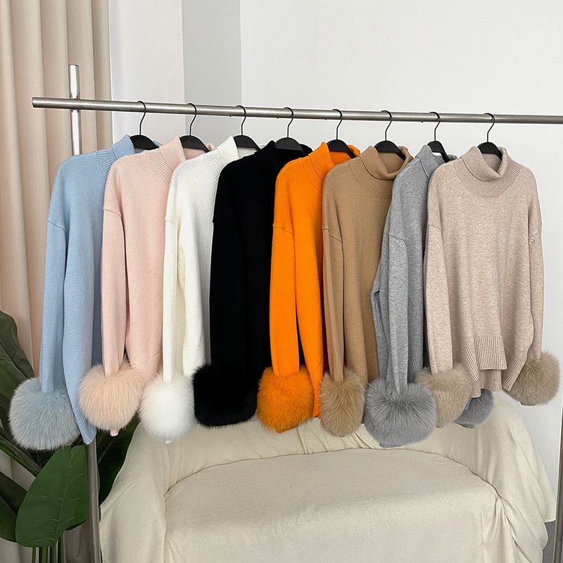 Damenbekleidung Heißer Verkauf Damen Herbst und Winter neuer verdickter hochgeschlossener lockerer Strickpullover mit abnehmbaren Manschetten aus echtem Fuchs_voghion.com