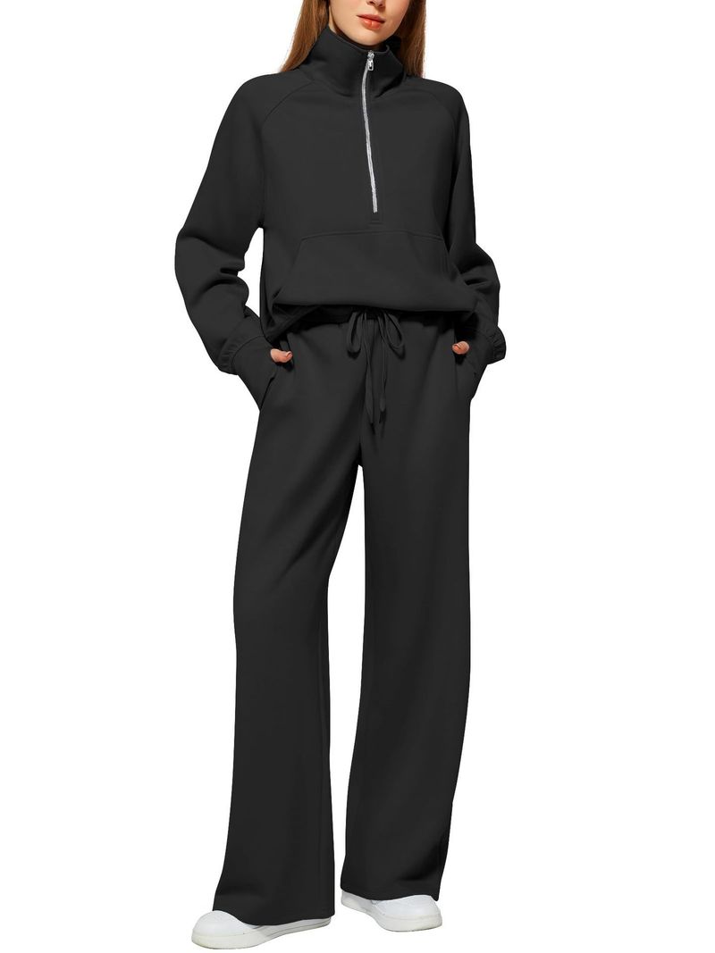 2025 Women's Two-Piece Oversized Half-Zip Sweatshirt Wide-Leg Sweatpants Casual Set_voghion.com