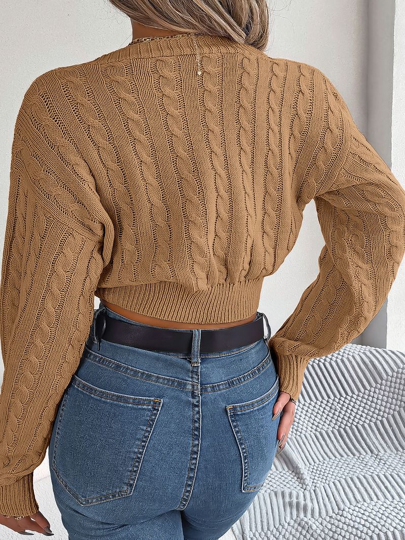 Maglione corto con maniche a lanterna, scollo a V annodato, casual, sexy, autunno e inverno 2024, moda donna_voghion.com