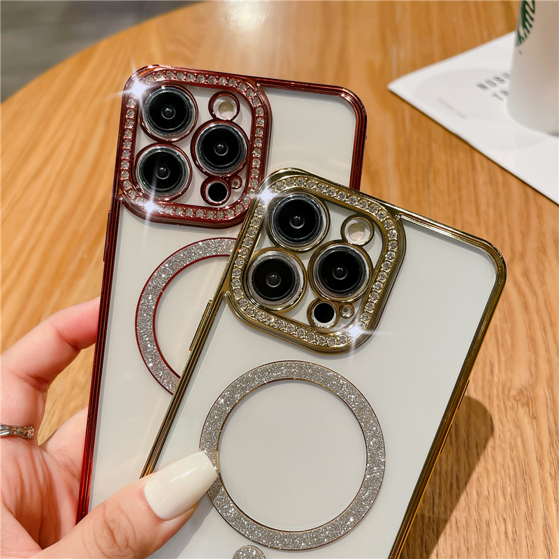 Luxus Transparent Glitter Wireless Charging Für Magsafe Fall Für iPhone 14 13 12 11 Pro Max Plus Plating Stoßstange Abdeckung fälle_voghion.com