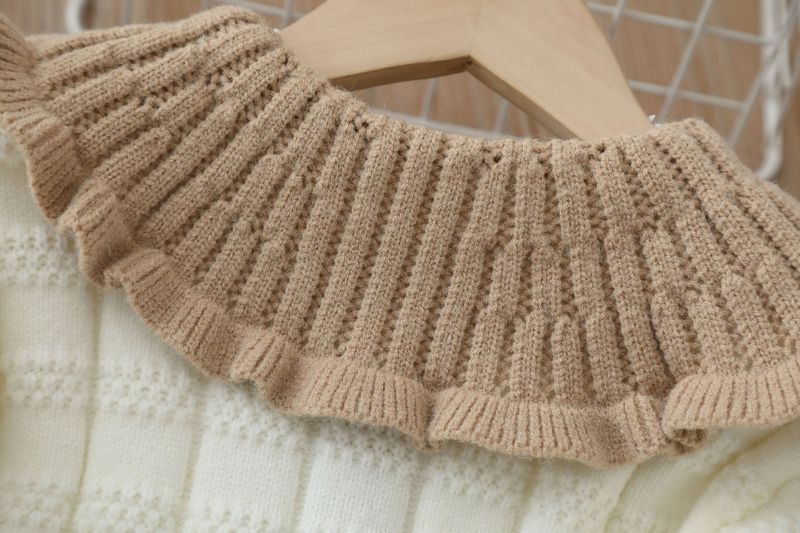 Jachetă tricotată din două piese pentru fete, toamna și iarna 2023, cardigan cu guler mare, lucrat manual, cu flori, pentru fetițe_voghion.com