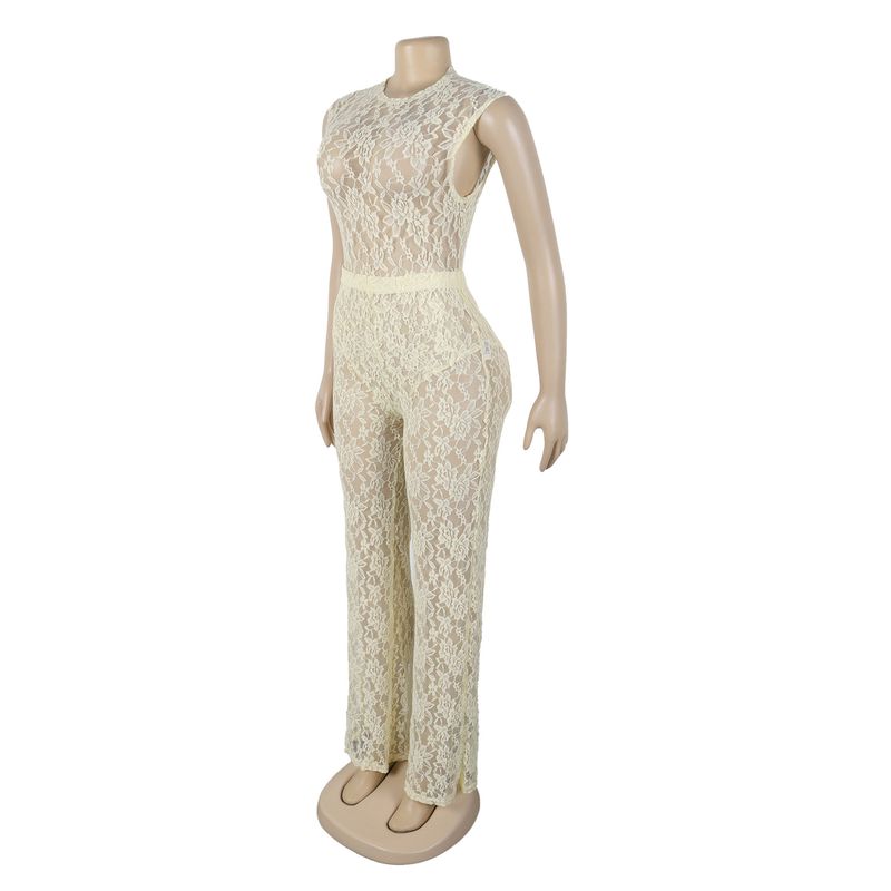 Elegante completo in pizzo da due pezzi: top trasparente aderente e pantaloni con elastico in vita per donna_voghion.com