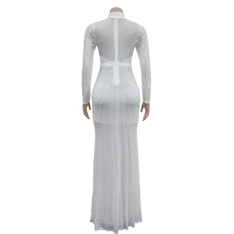 Women's solid color mesh hot diamond sleeve long skirt dress_voghion.com