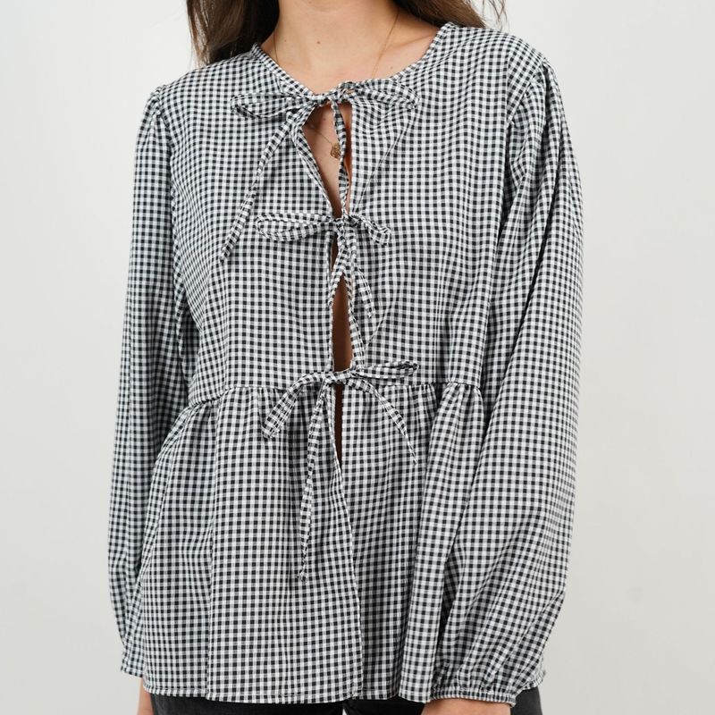 Abbigliamento da donna, nuova camicia a maniche lunghe a sbuffo con fiocco, tinta unita, a righe e a quadri_voghion.com