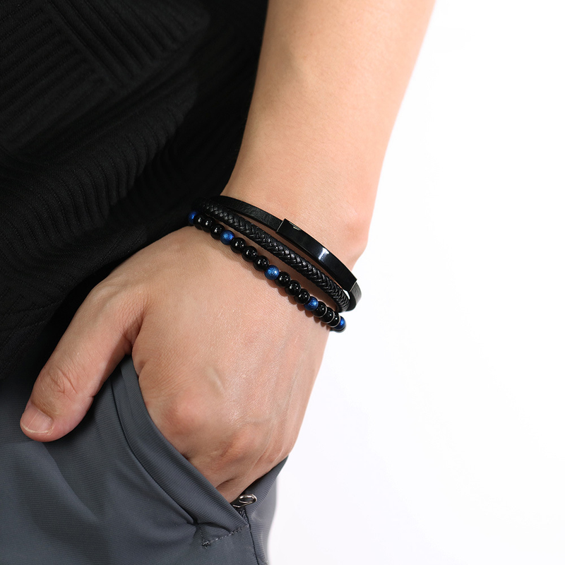 Multi-Layer Handmade Woven Leather String Bracelet Black Agate Beaded Bracelet For Men_voghion.com
