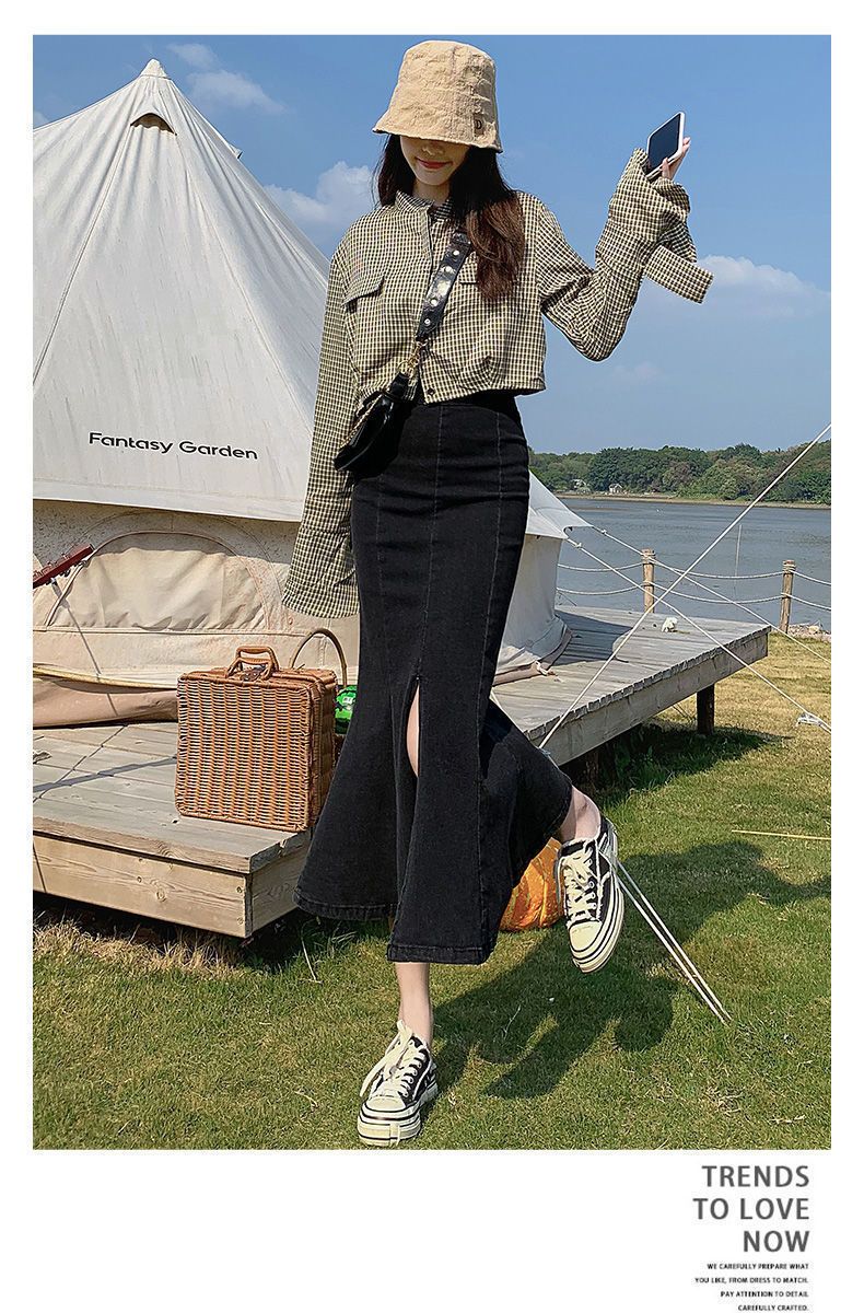 Fish tail half women's summer thin high waisted slit denim skirt, design sense, medium length elastic wrap around the_voghion.com