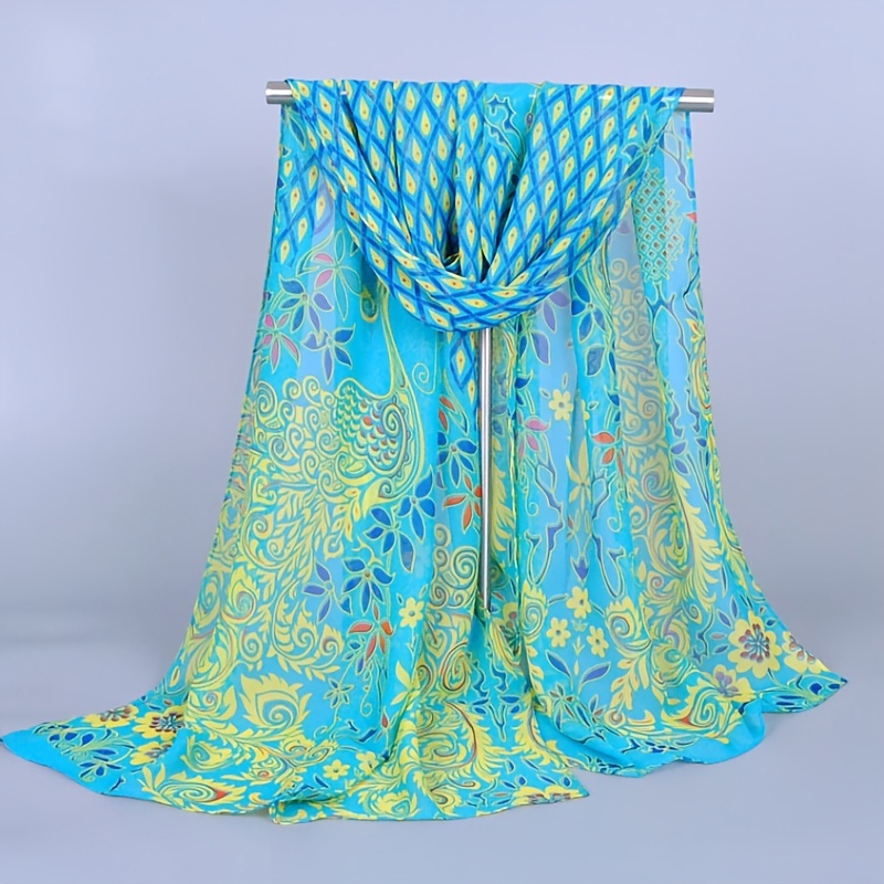 Dünner bedruckter beliebter Chiffon-Seidenschal in Zählerqualität mit Pfauenblume, kleiner langer Chiffonschal für Frauen_voghion.com