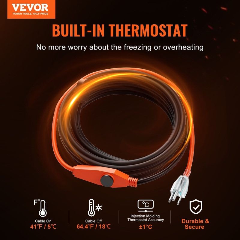 Heat Pipes Cable 60FT Heating Pipe Thermostat 7W Tape For FT With Builtin_voghion.com
