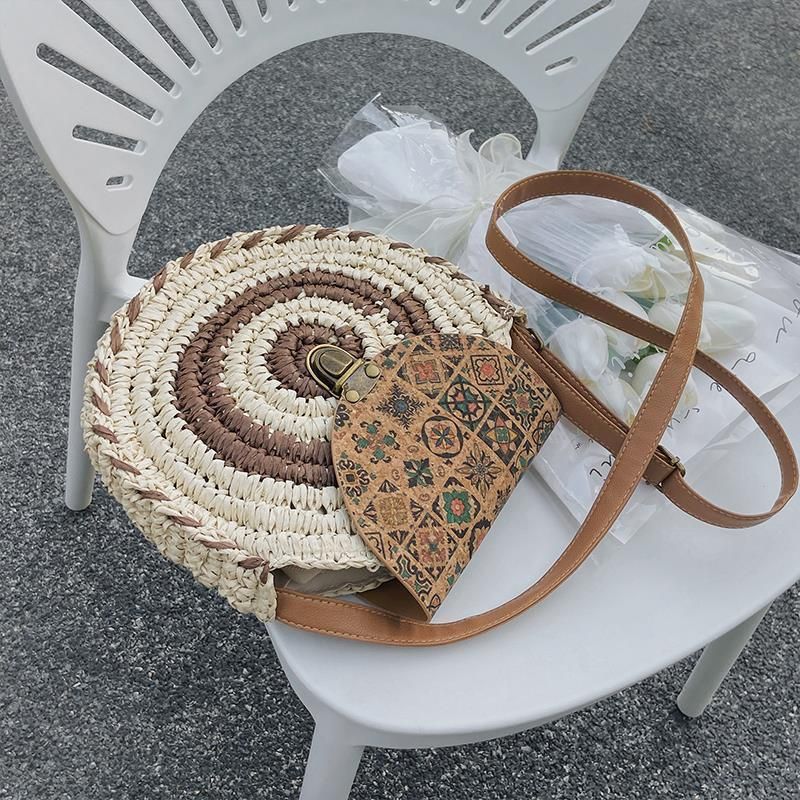 Runde Stroh Strandtasche Vintage handgefertigt gewebt Schultertaschen Bast Kreis Rattan Bohemian Sommer Urlaub Diagonal Pack_voghion.com