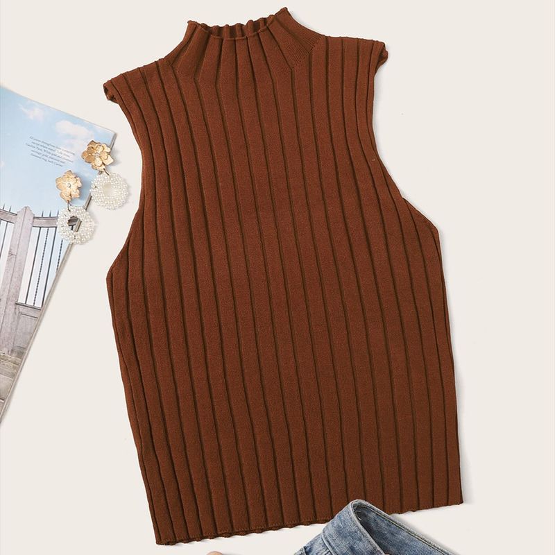 Canotta estiva da donna in maglia tinta unita, senza maniche, vestibilità attillata, con strisce sotto le ascelle_voghion.com