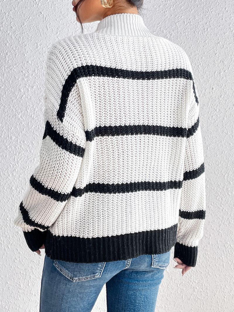 Damenmode Ins Style Schlichter einfarbiger Pullover mit Rollkragen und Streifen_voghion.com