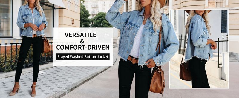 Women's Distressed Denim Jacket With Fringe Hem & Button Closure - Vintage Washed Short Cropped Casual Jacket For Women_voghion.com