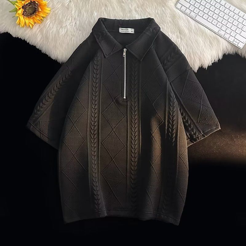 Waffel-Poloshirt, kurzärmelig, T-Shirt, Shorts, Sommer, lockere Kleidung, trendiges Top-Hosen-Set für Herren_voghion.com