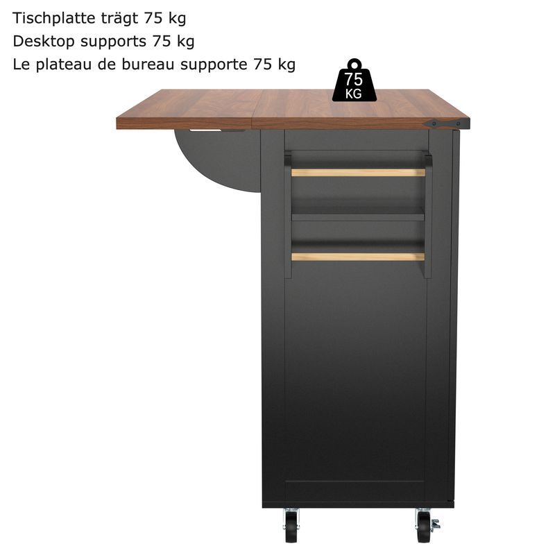 Küchenwagen Mit Ausziehbarer Arbeitsplatte, 2 Türen, 3 Schubladen, Schwarz_voghion.com