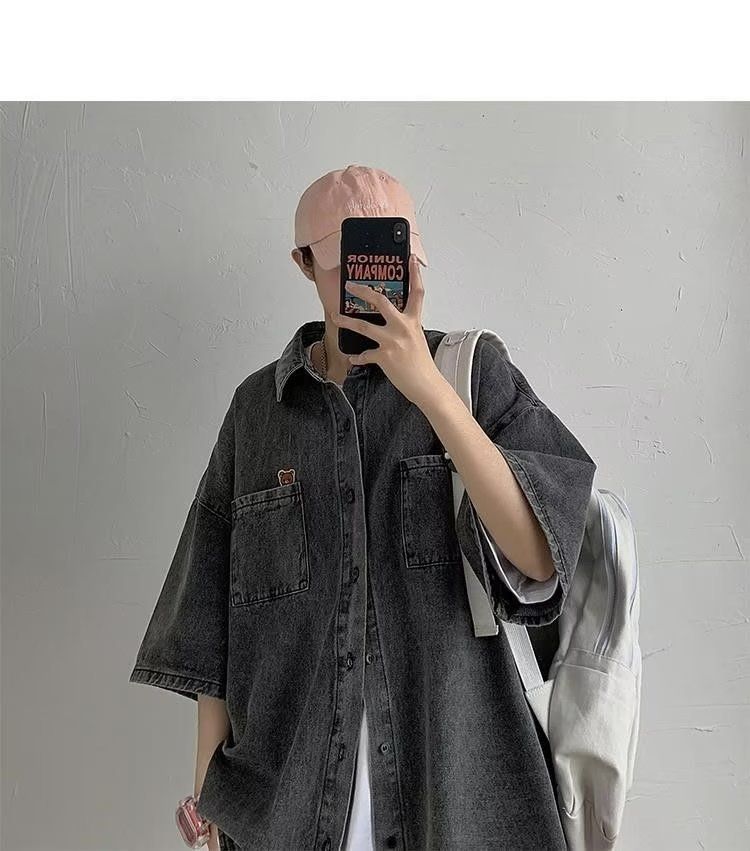 Letnia krótka koszula dżinsowa dla mężczyzn, stylowa, modny niszowy design, luźna, swobodna kurtka z krótkim rękawem_voghion.com