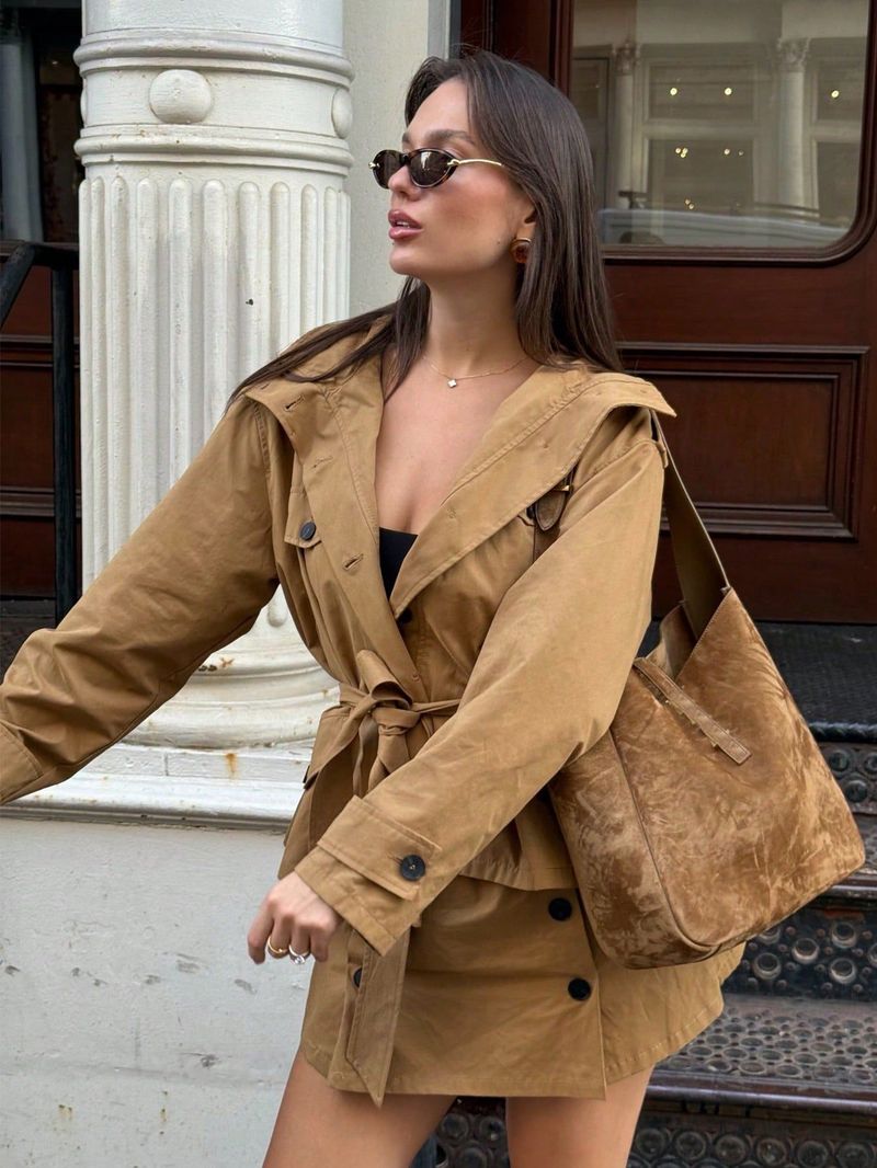 Chaqueta utilitaria de otoño para mujer con cinturón - Elegante gabardina corta para moda urbana (Caqui, S/M/L)_voghion.com