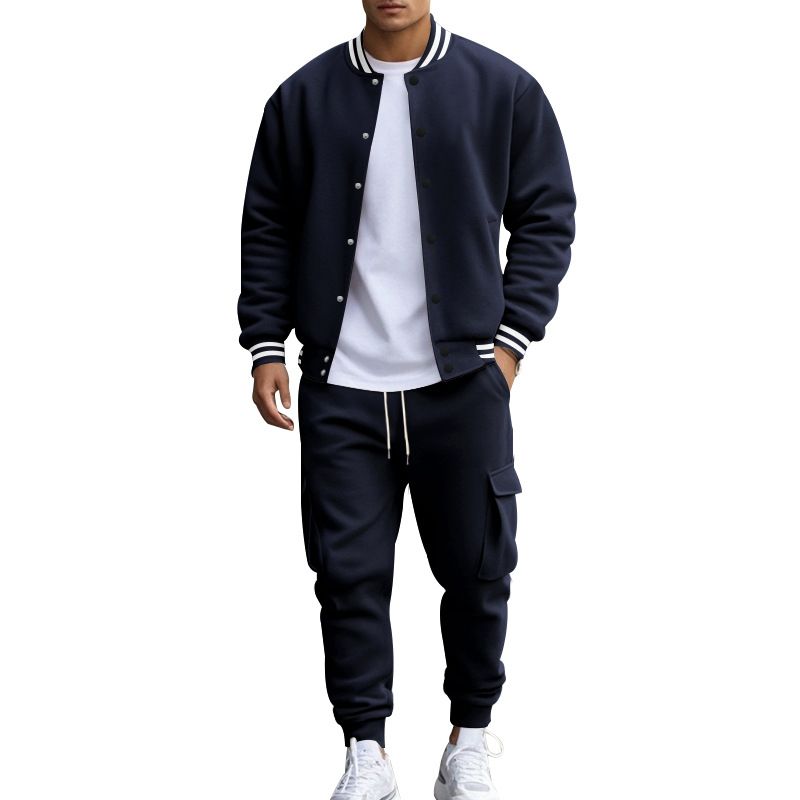 Autumn Winter American Style Stand Collar Baseball Jacket With Fleece Lined Pants Loose Fit Men's Sports Suit_voghion.com