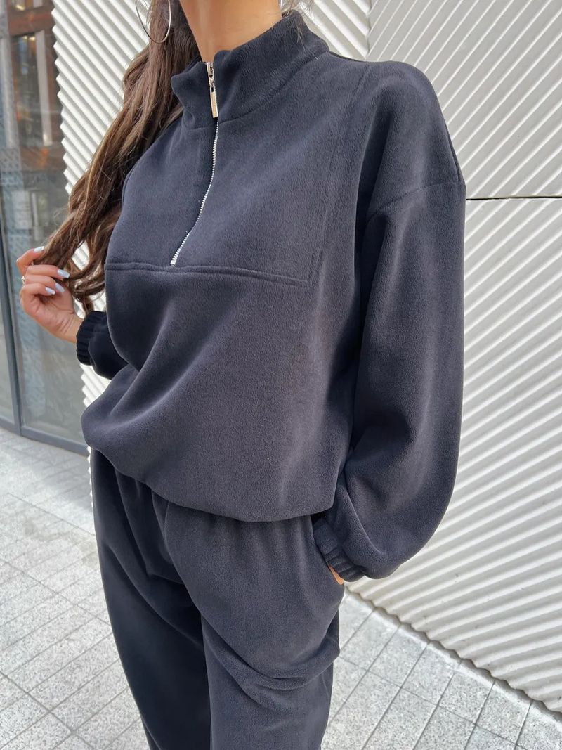 Lässiges Set aus Fleece-Kapuzenpullover und Jogginghose für Damen – locker sitzendes Sweatshirt mit Stehkragen und Hose mit elastischem Bund (Beige, Dunkelgrau, Khaki)_voghion.com