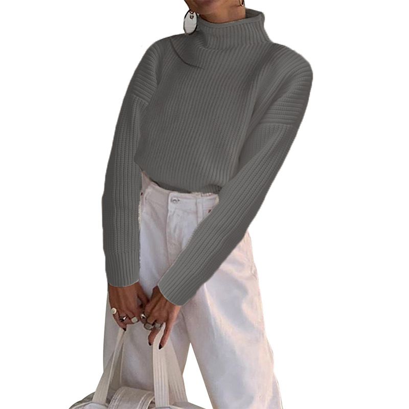 Women's knitwear temperament turtleneck solid color loose casual base sweater_voghion.com