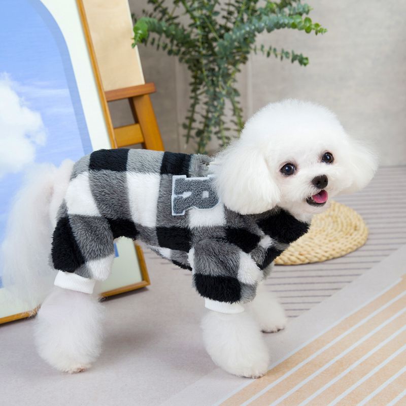 Pet Winter Black And White Plaid Windproof Warm Coat New Year Plush Four-Leg Pullover Simple Dog Clothes_voghion.com