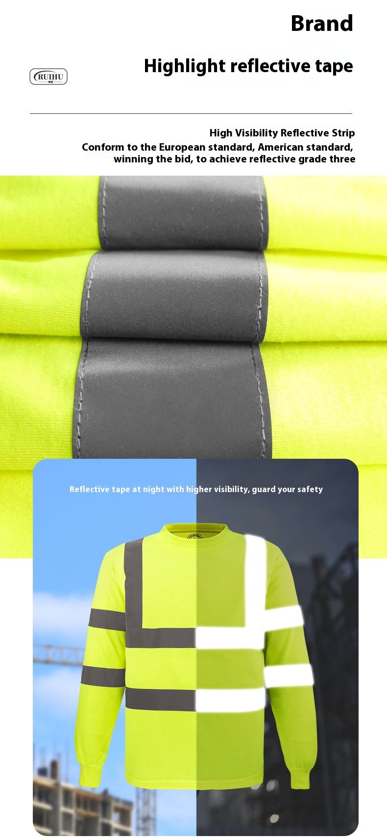 Rundhalset T-shirt til byggesikkerhed, højglansbeskyttelse, arbejdstøj, åndbart, langærmet reflekterende tøj_voghion.com