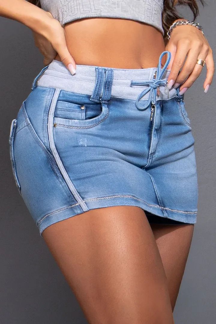 Dameskleding Nieuwe Halflange Rok Broek Kort Contrasterende Kleur Trekkoord Heup Rok Denim Rok Vrouwelijk_voghion.com