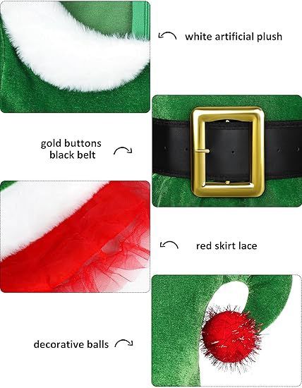 Samtelfen-Kostümset für Damen – Weihnachtskleid mit Gürtel, gestreiften Strümpfen und spitzer Mütze, festliches Rollenspiel-Outfit für Partys_voghion.com