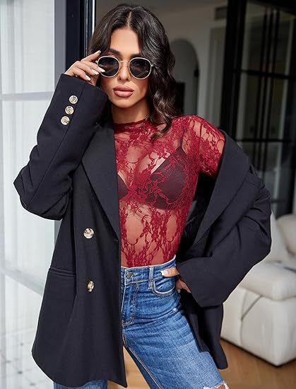 Top da donna, maniche lunghe, collo alto, camicia trasparente, top in pizzo floreale trasparente, hanno un vero colpo_voghion.com