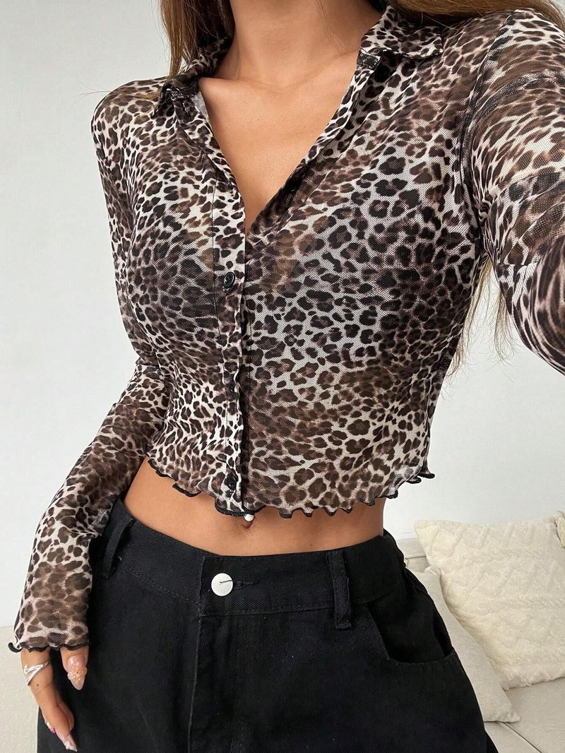 2025 Y2K Leopard Print Mesh Einreihiges Rüschen Langarm Kurzshirt Top für Damen_voghion.com