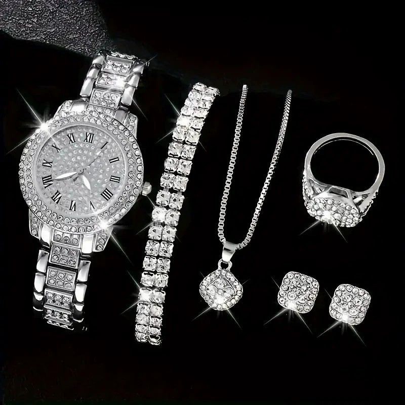 Relógios de quartzo populares da moda feminina, conjunto de relógios com padrão romano, relógio de quartzo Cornucópia, pulseira com diamantes e colar com manchas_voghion.com