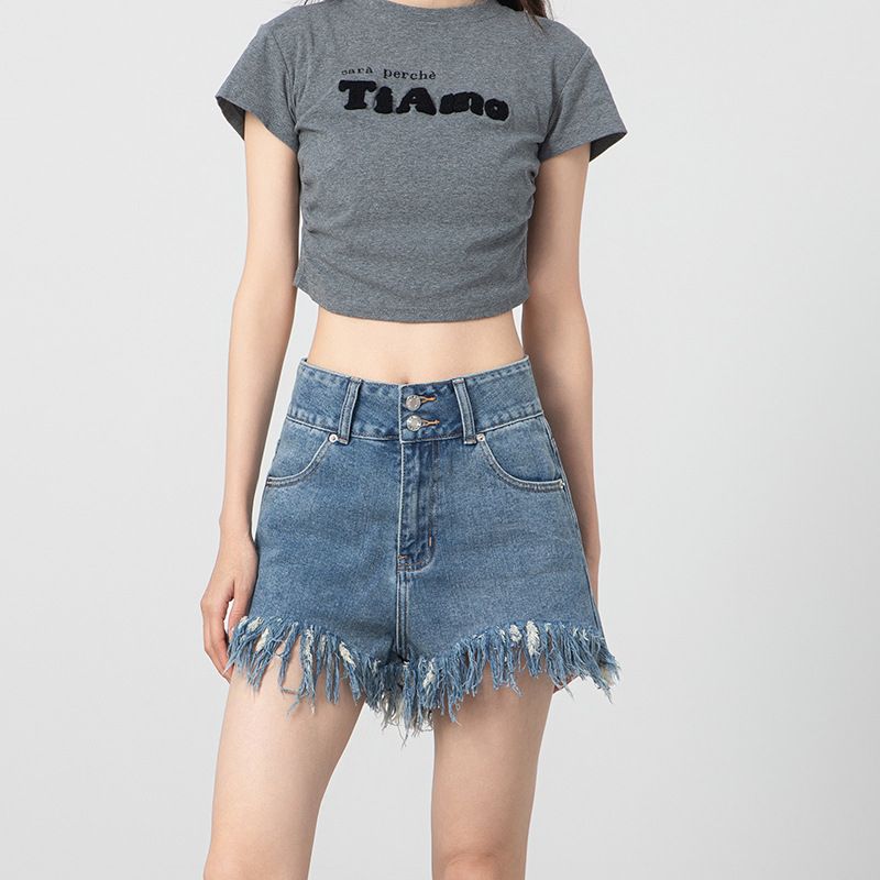 Women's Clothing Loose Wide Leg Versatile Slim High Waist Raw Edge Denim Hot Pants_voghion.com