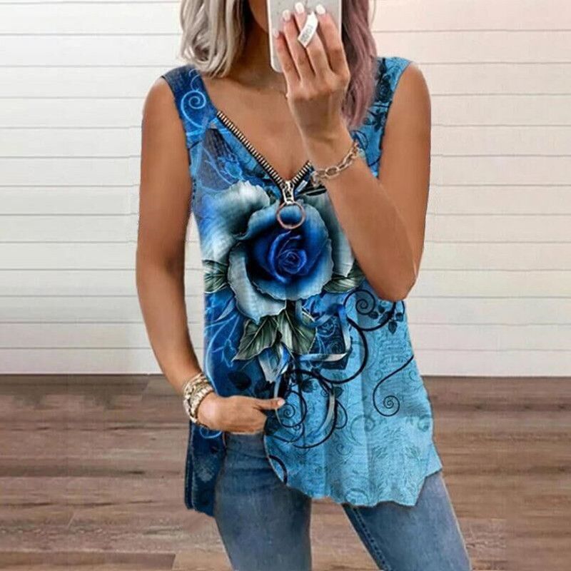 Canotte T-shirt casual da donna con scollo a V e cerniera con stampa rosa_voghion.com