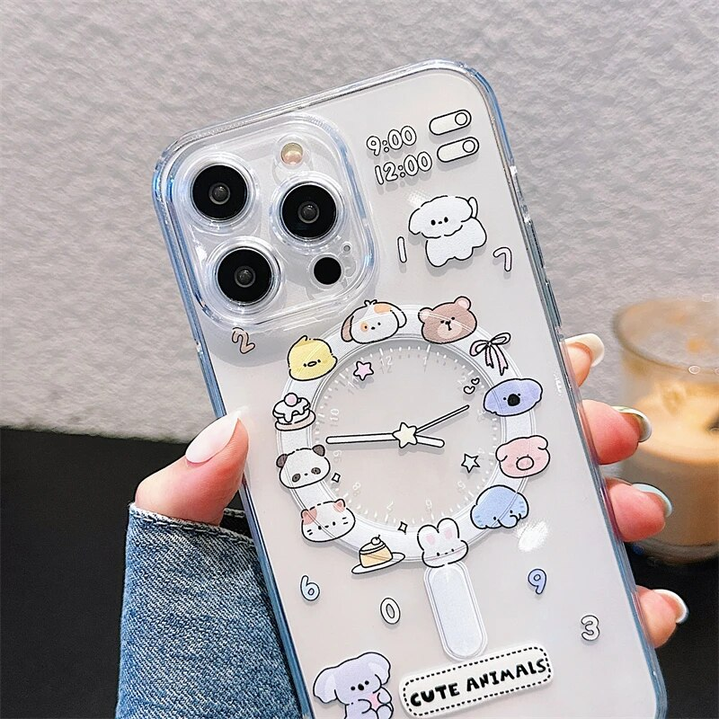 Cute Cartoon Animal Dog Cat Clear Phone Case For IPhone 11 12 13 14 15 16 Pro Max Plus Wireless Charging Magnetic Cover_voghion.com