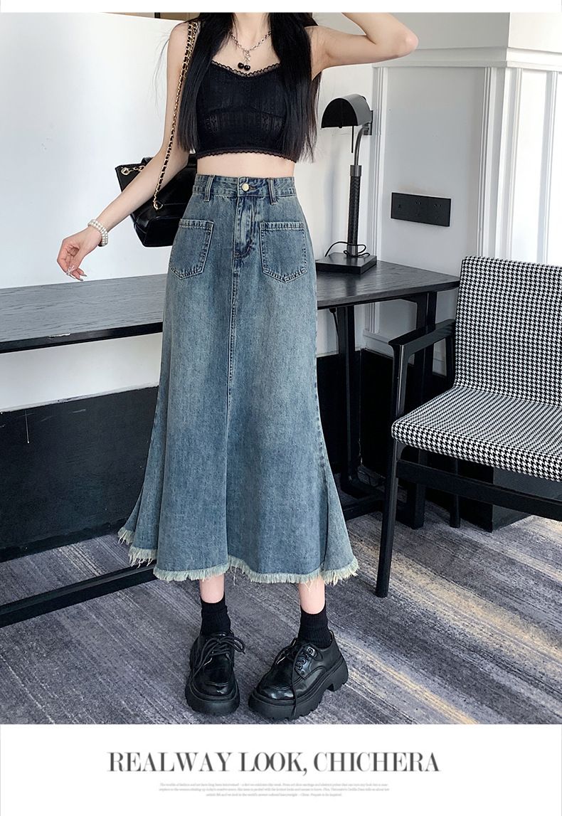 Rugged denim half women's summer ins style, niche high waisted and hip wrapped skirt, mid length A-line skirt trend_voghion.com