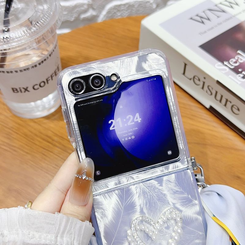 Han Feng Stereo Love Feather Yarn Case for Samsung Z Flip5 Transparent ZFlip4 Protective Case Transparent Hard Case_voghion.com
