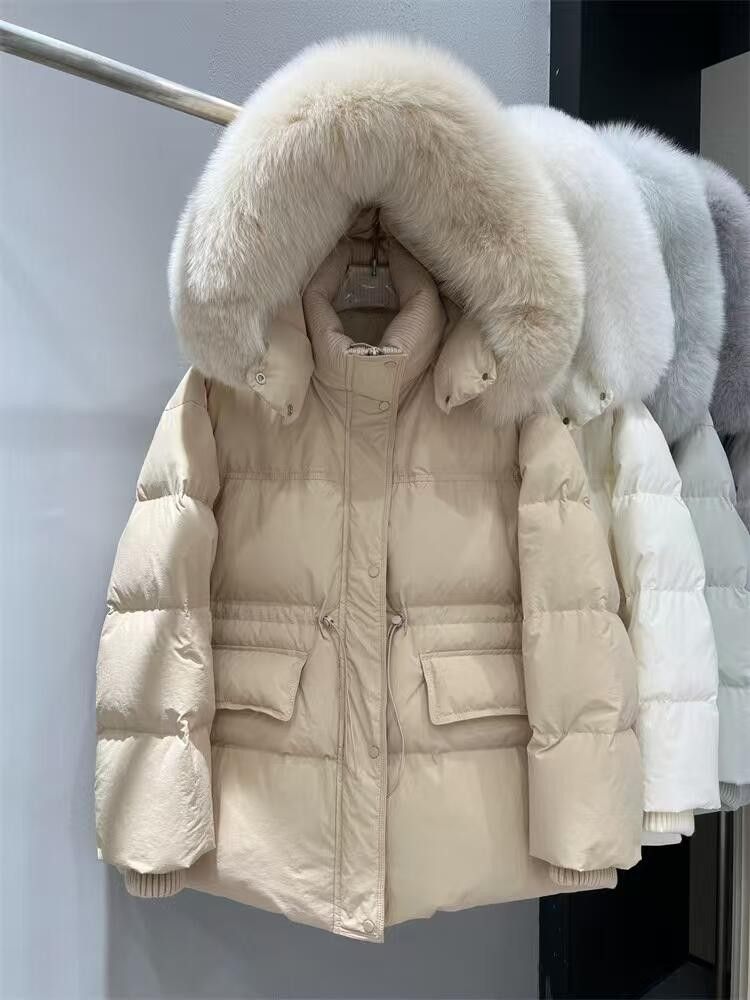 Women's Long Puffer Coat With Fox Fur Collar – Oversized Fit, RDS-Certified White Goose Down, Belted Waist For A Flattering Silhouette_voghion.com