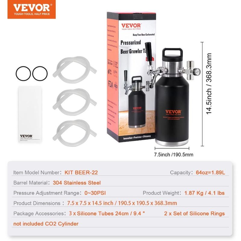 Growler 1,89L Mini fusto pressurizzato Espositore per fusto Sistema in acciaio a pressione da 64 once Growler per birra in acciaio inossidabile CO2 con rubinetto Growler 304 per birra_voghion.com