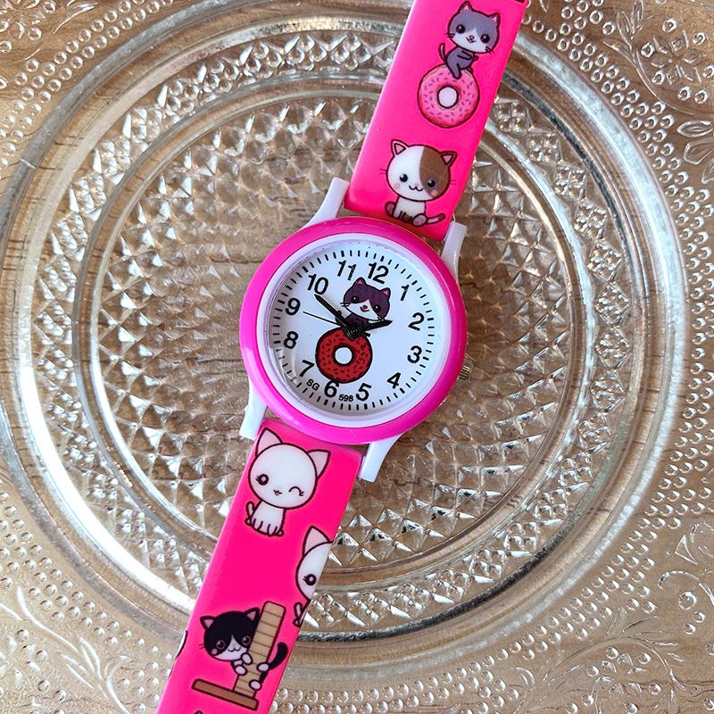 Orologio per bambini con stampa di una ragazza con tenero gattino dei cartoni animati, delicato orologio al quarzo con interesse infantile_voghion.com